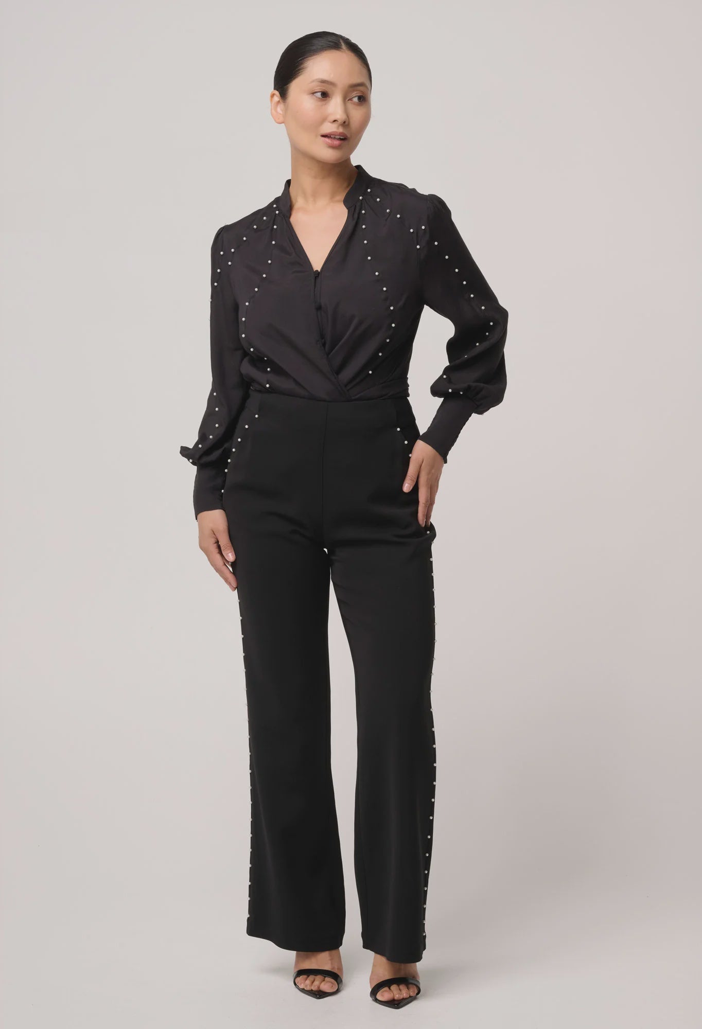ONCE WAS PETITE Marcela Pearl Embellished Stretch Pant black