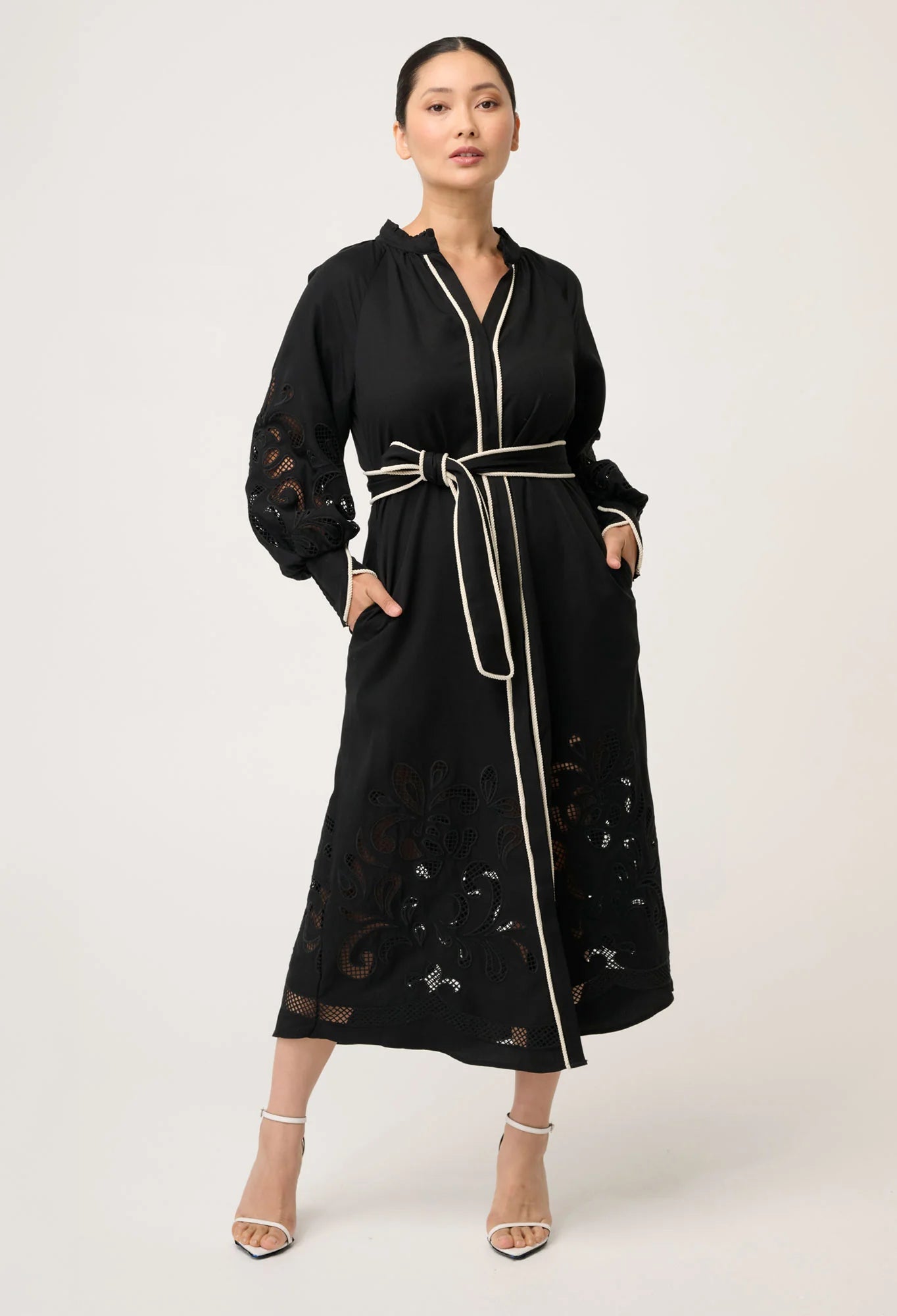 ONCE WAS Petite Rhea Placement Embroidered Maxi Dress black