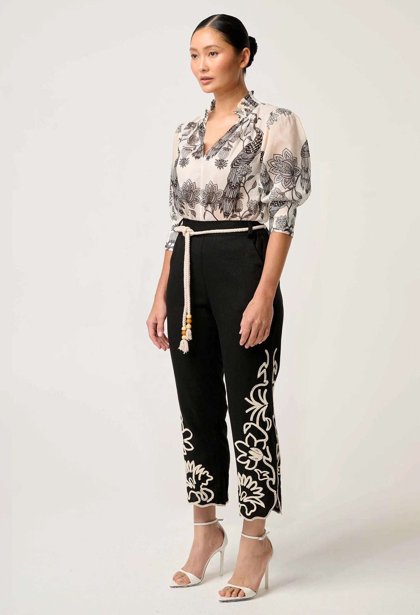 ONCE WAS Helm Placement Embroidered Linen Viscose Straight Leg Pant black