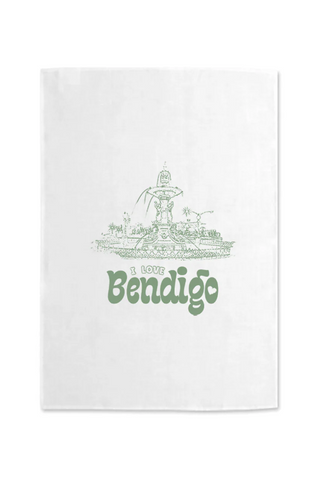 I LOVE BENDIGO Fountain Tea Towel sage on white