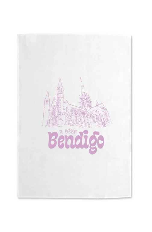 I LOVE BENDIGO Cathedral Tea Towel violet on white