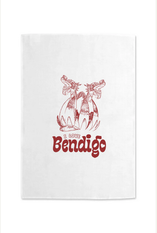 I LOVE BENDIGO Dragon Lotus Tea Towel dark red on white