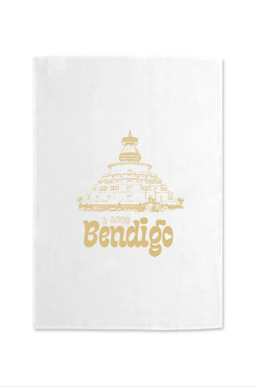 I LOVE BENDIGO Great Stupa Tea Towel lemon on white