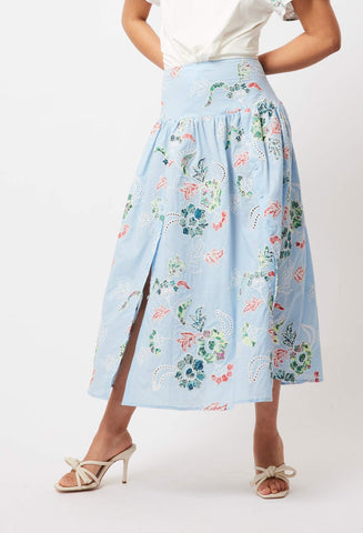 ONCE WAS Isla Embroidered Cotton Skirt chambray applique